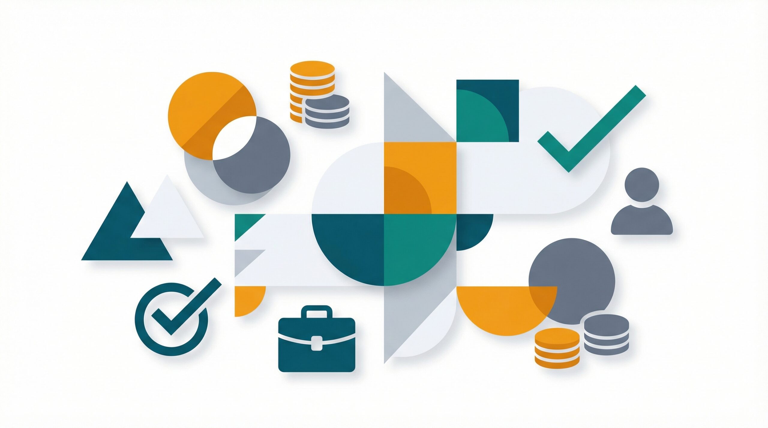 Abstract illustration representing Outlier AI platform review — coins, briefcase and checkmarks on geometric background